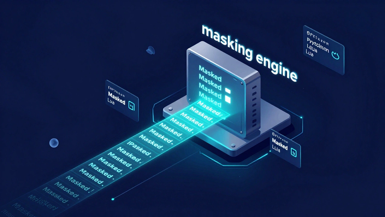 Isometric 3D illustration of a data filter converting IP addresses into masked placeholders.