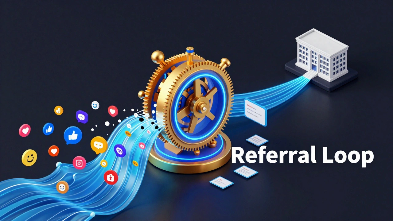 Isometric 3D illustration of a social media algorithm processing viral content into knowledge snippets