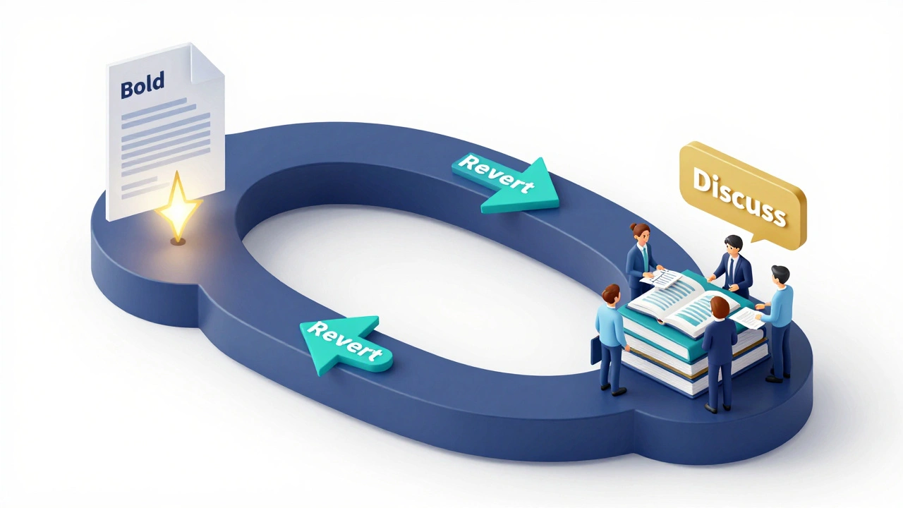Isometric 3D illustration of the Bold-Revert-Discuss cycle with digital avatars and books.