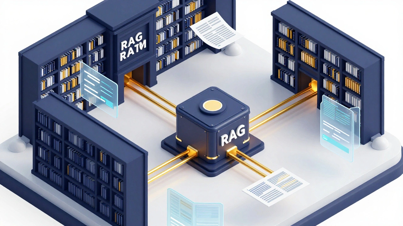 Isometric 3D view of an AI core connected to a digital library of structured information.