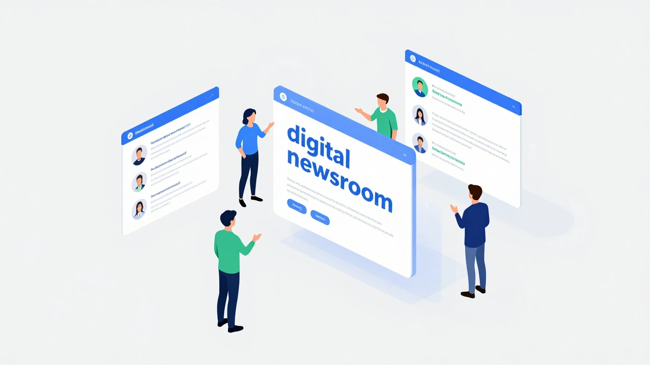 Isometric illustration of a digital newsroom with floating holographic screens and collaborators.