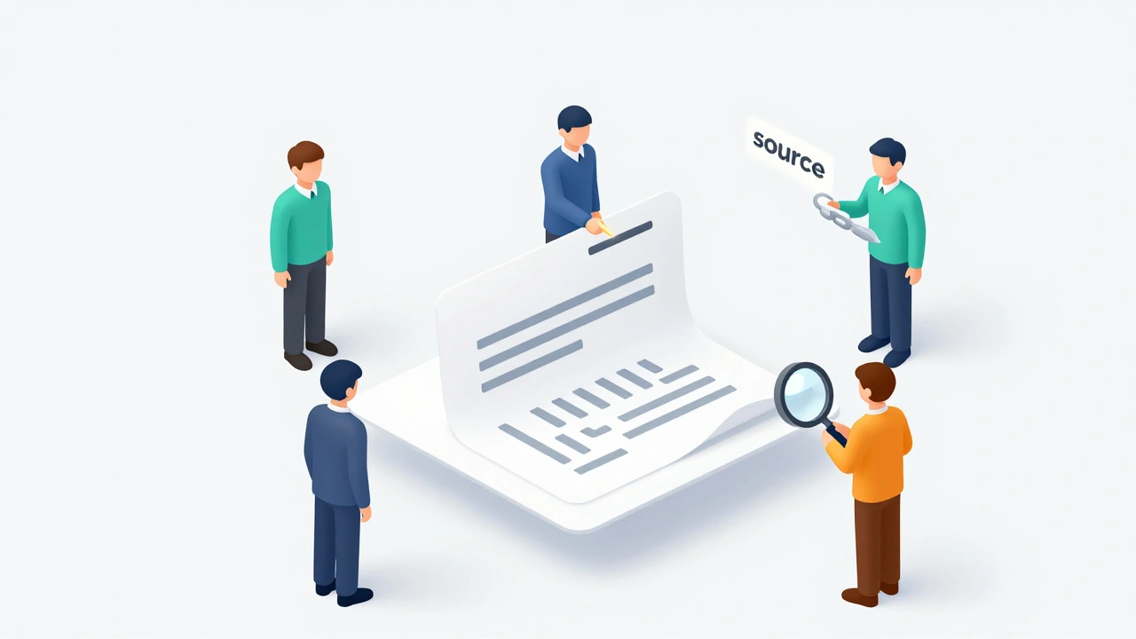 Isometric view of diverse users collaboratively editing a digital document with source links.