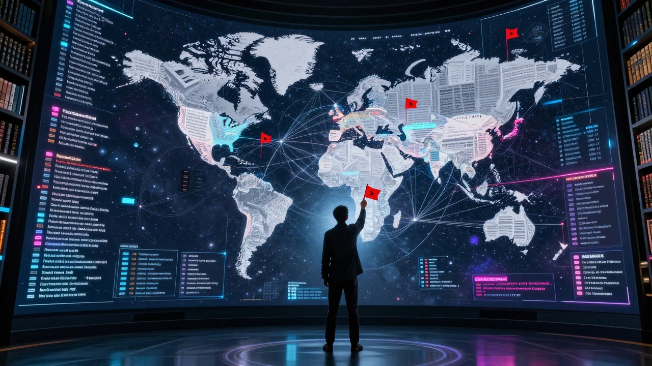 Knowledge curator managing a vast digital network of interconnected articles on a futuristic screen.