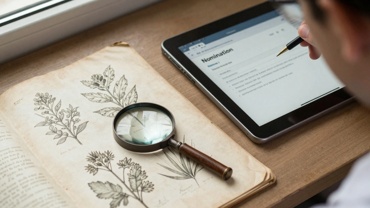 Magnifying glass over an old manuscript and a tablet showing a Wikipedia nomination.