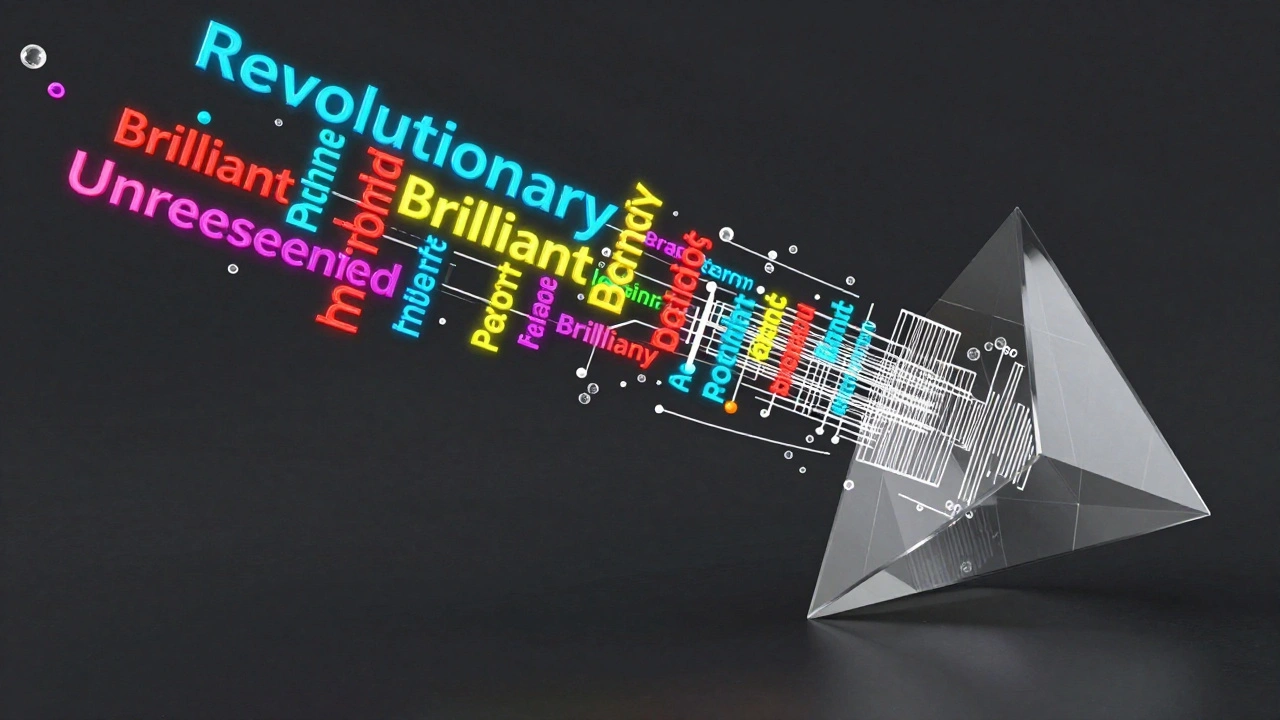 Neon subjective words being filtered into clean factual data through a prism.