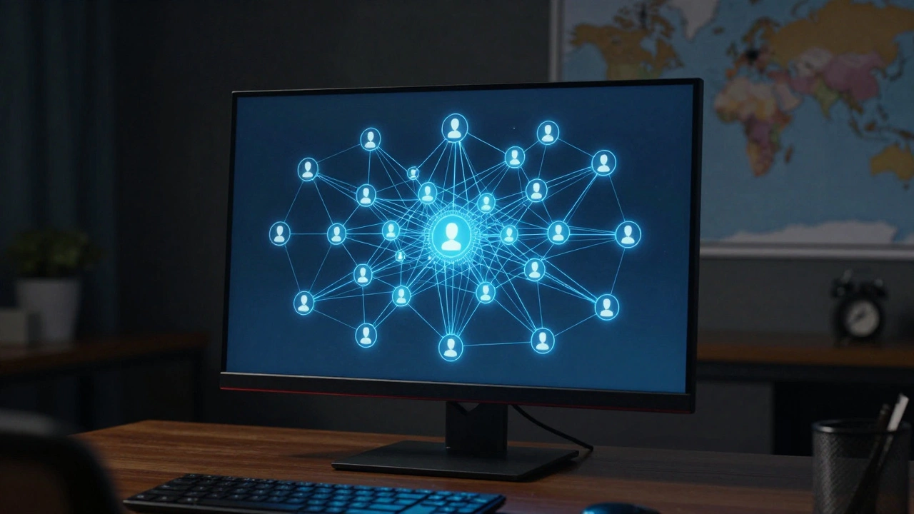 Network diagram on a computer screen showing connected sockpuppet accounts in a dark room.