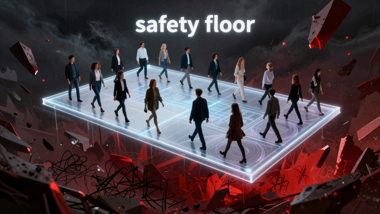People standing on a glowing protective platform above a storm of red shards.