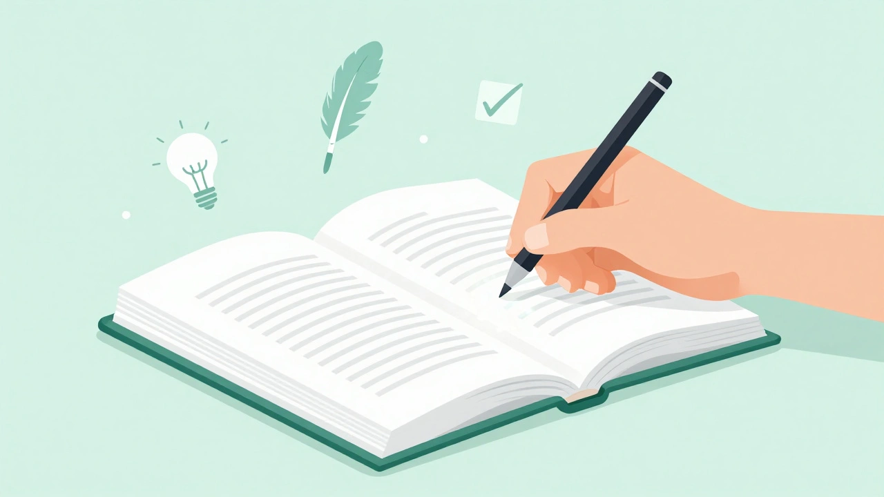 Person synthesizing information from a book to a digital tablet to avoid plagiarism.