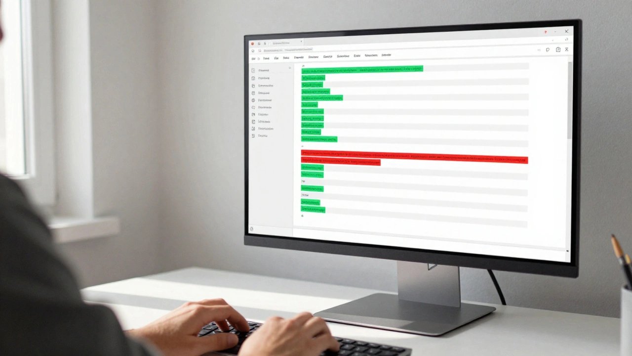 Person working at a desk with a monitor displaying red and green text highlights in a diff viewer.