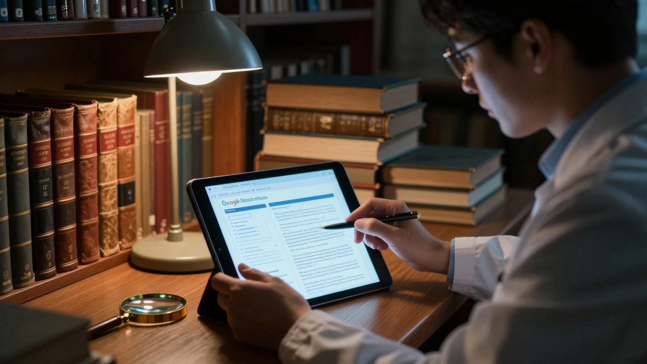 Researcher in a library comparing a physical historical document with a digital academic source.