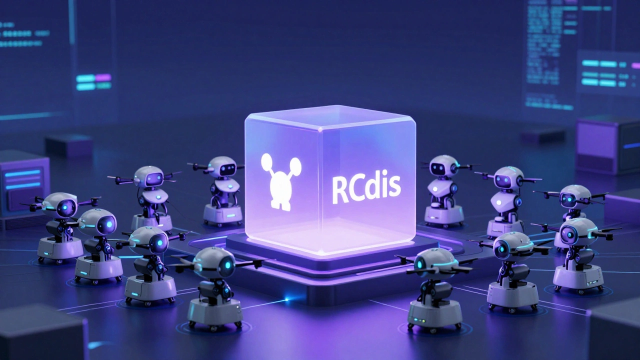 Robotic drones waiting in a queue around a glowing data storage cube