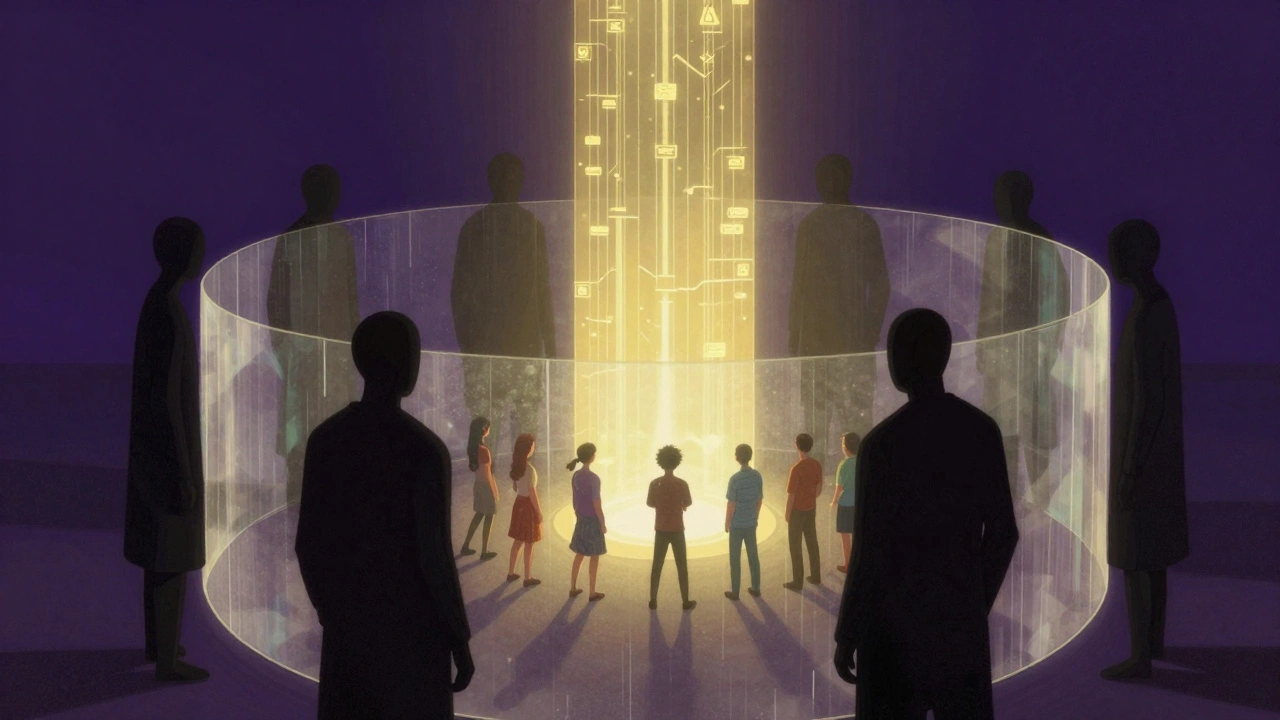 Shadowy figures forming a barrier to block people from a pillar of light
