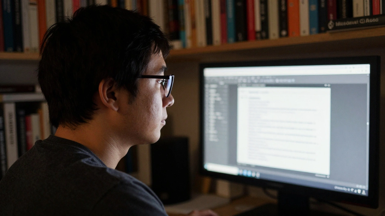 Side profile of a focused person in a room filled with books, lit by a computer screen.
