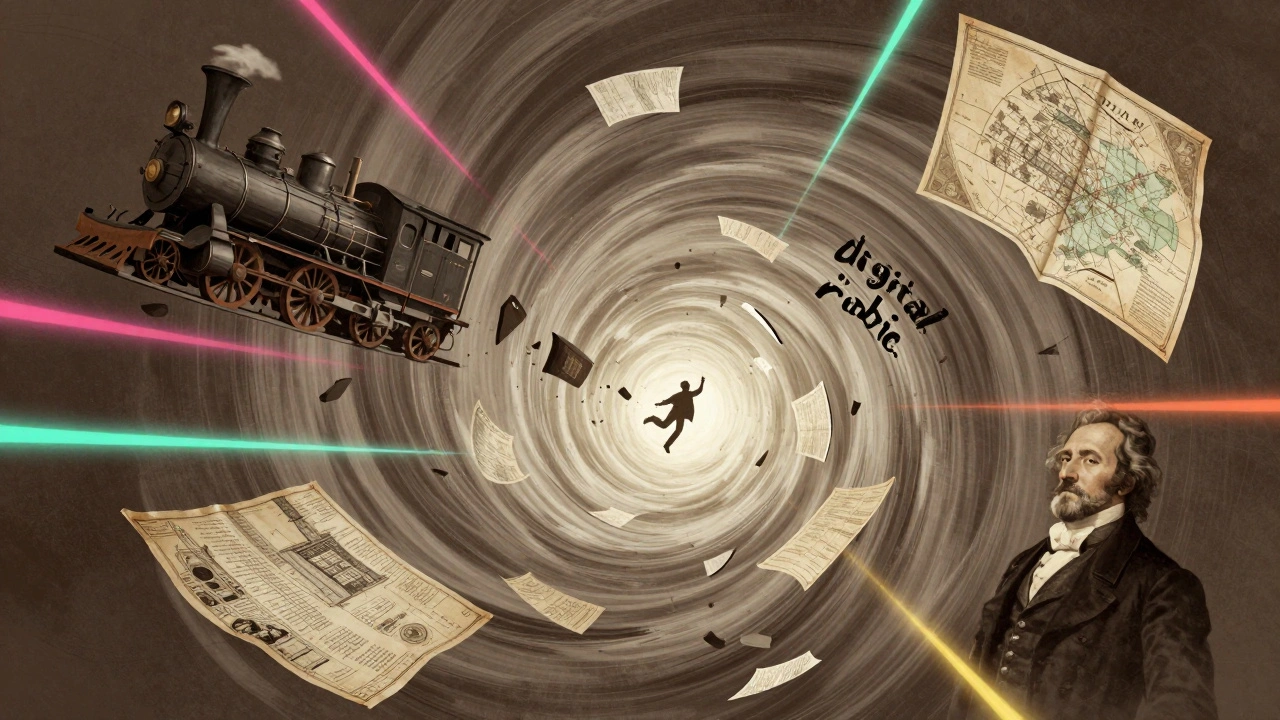 Silhouette falling through a vortex of historical fragments like steam engines and old maps.