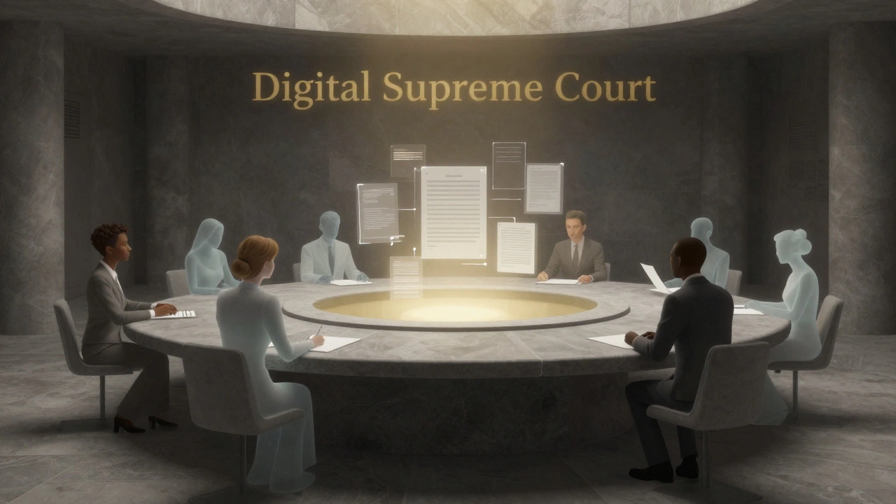 Silhouetted figures in a futuristic hall representing a digital arbitration committee