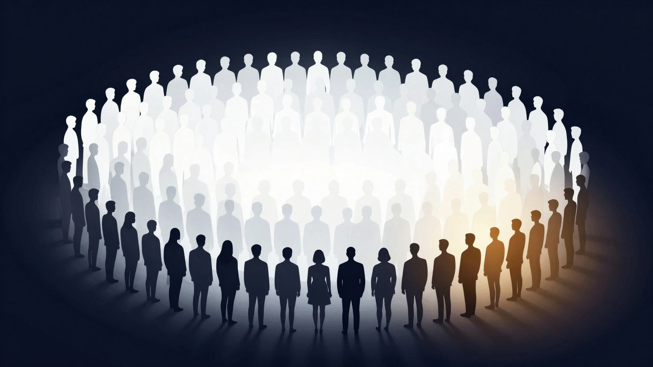 Silhouettes of a large group in bright light and a small group in dim light against a dark blue background.