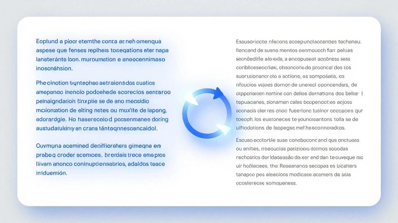 Split-screen digital interface showing a synchronized translation process between English and Spanish text.