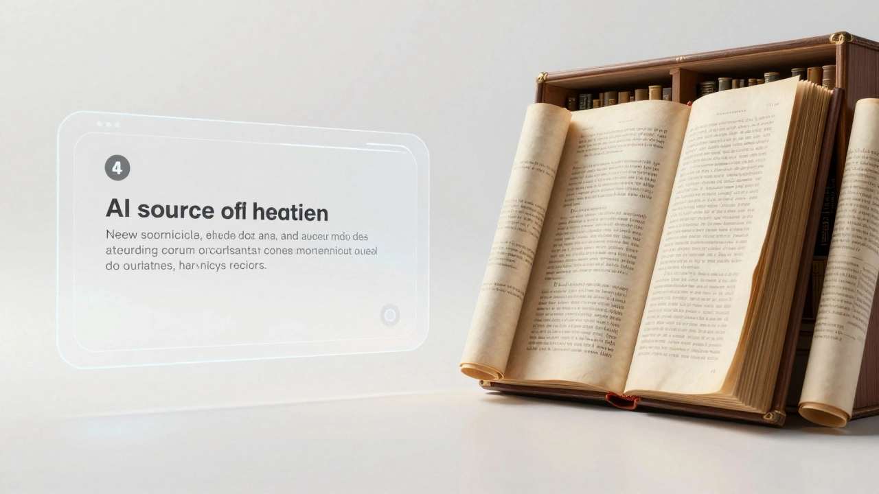 Split screen showing a minimalist AI interface next to a detailed traditional archive of documents.