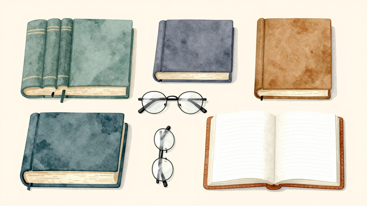 Stack of textbooks and open leather journal on a flat surface.