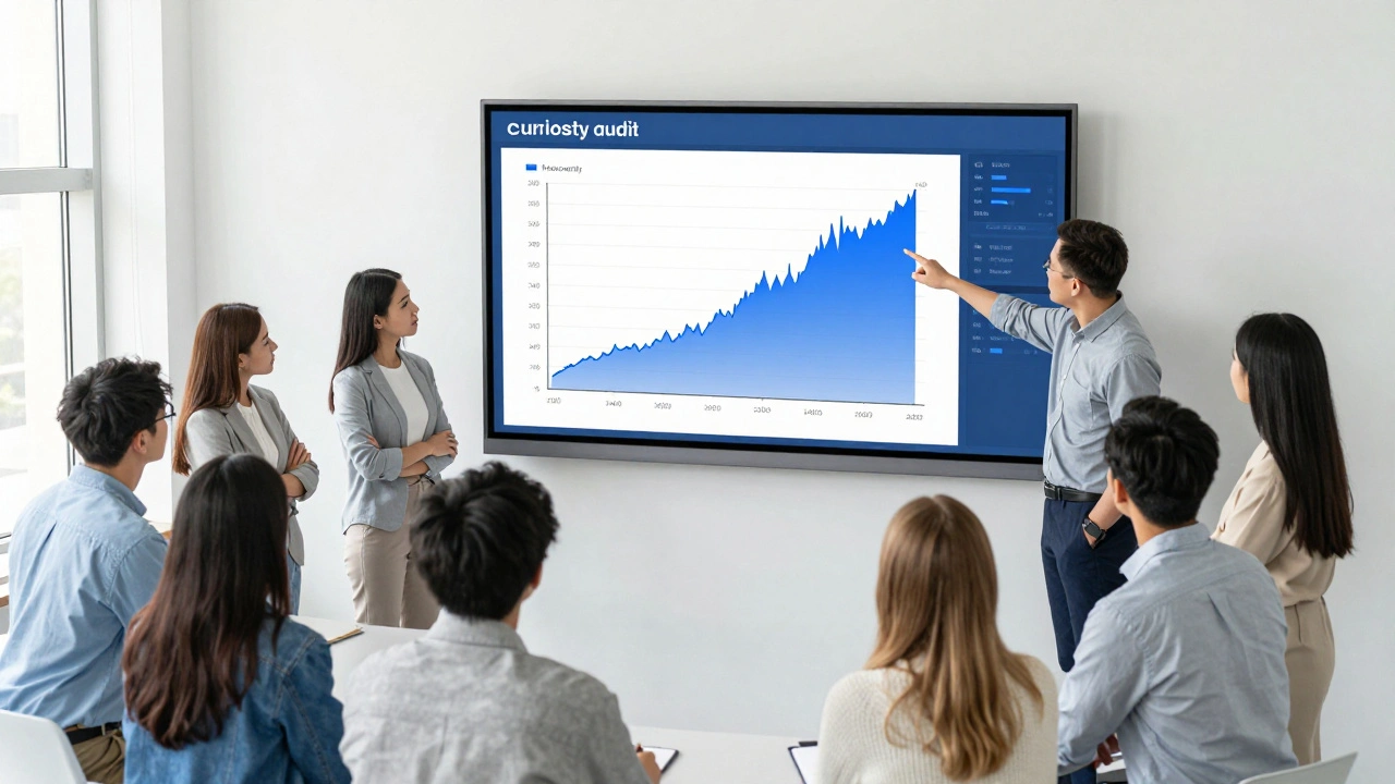 Students and a professor analyzing a pageview data graph on a digital whiteboard in a classroom