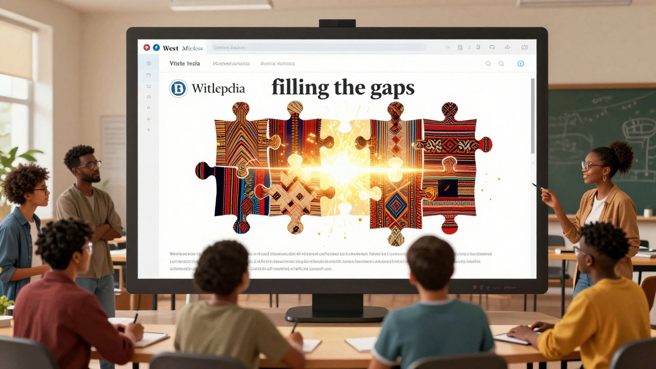 Students collaborating to fill historical content gaps on a digital encyclopedia interface.