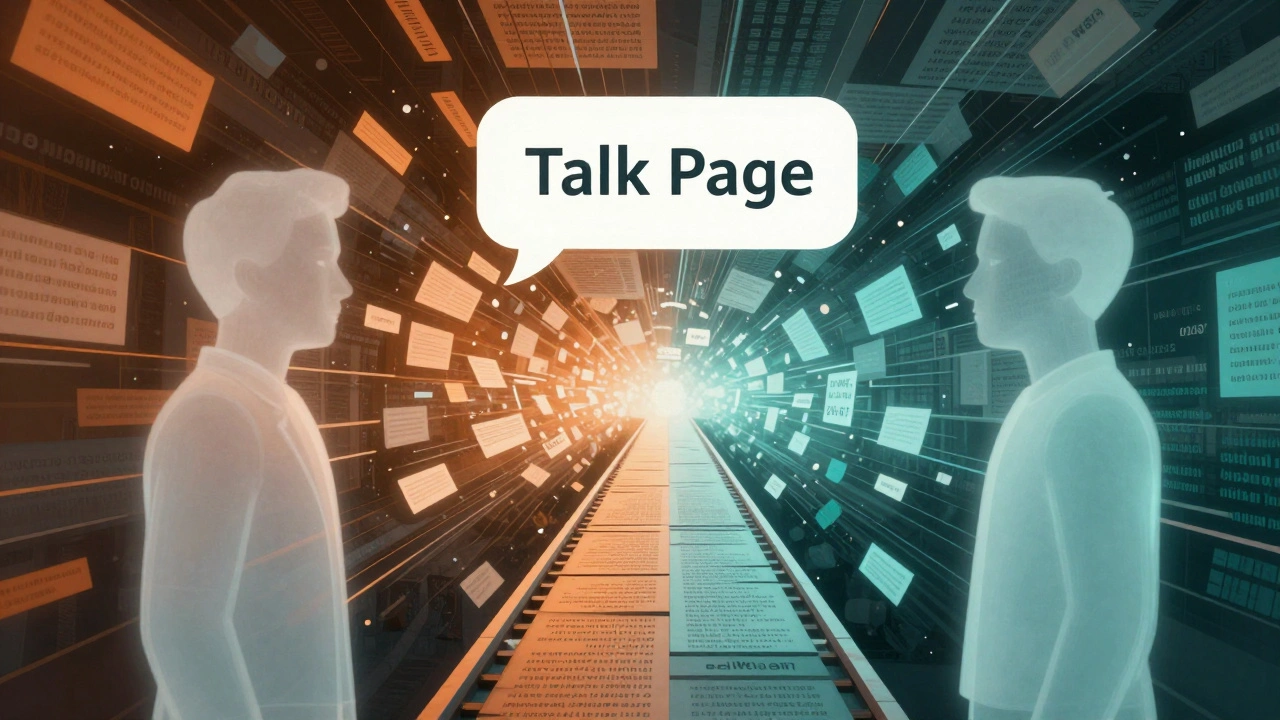 Stylized depiction of two editors resolving a conflict through a talk page dialogue