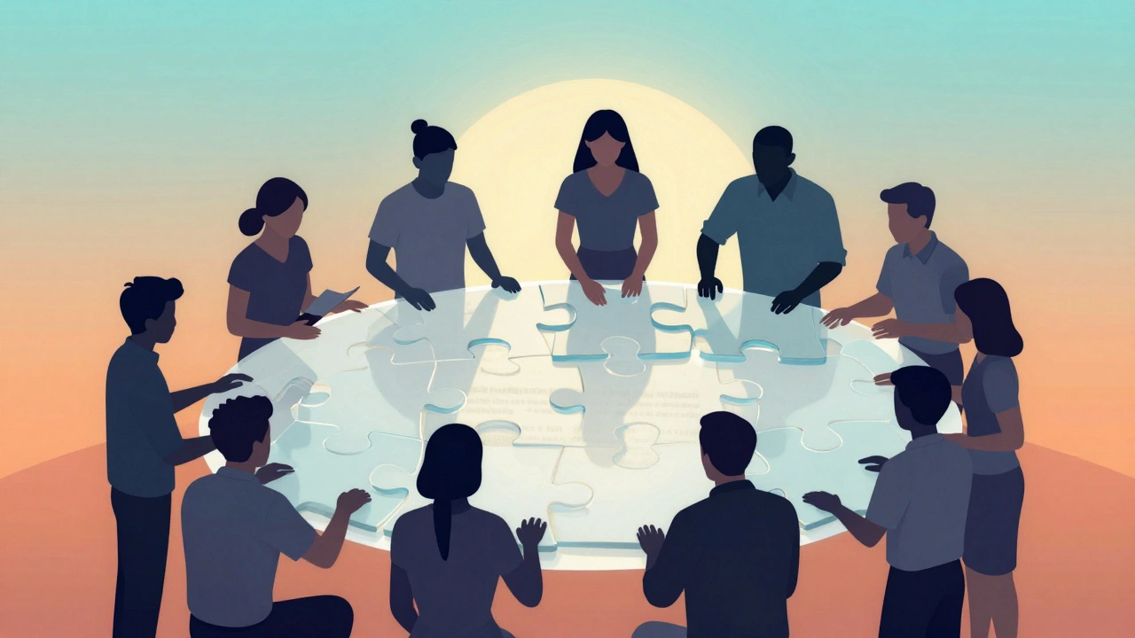 Stylized figures collaboratively assembling a large translucent puzzle piece representing a shared knowledge page.