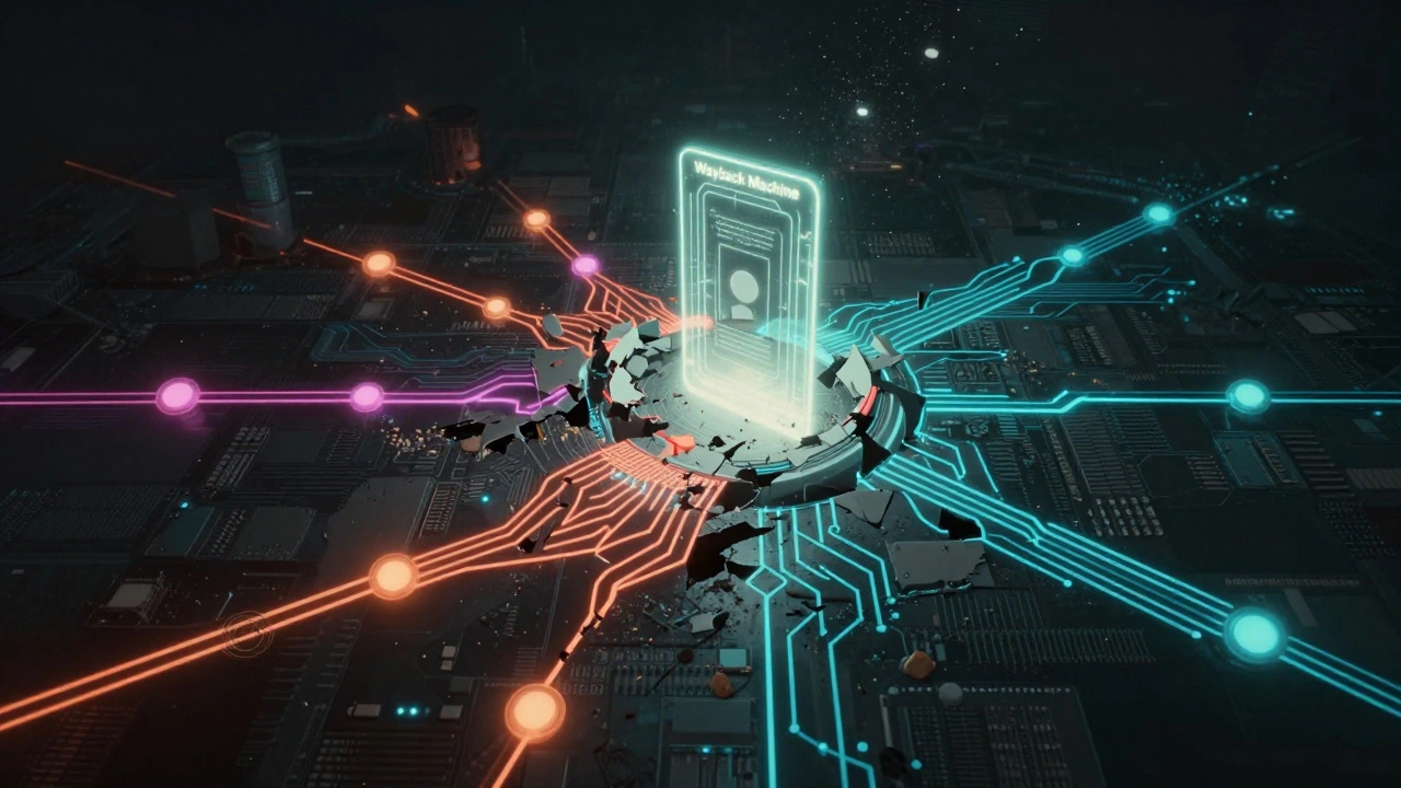 Surreal digital landscape showing breaking connections being restored by an archive portal.