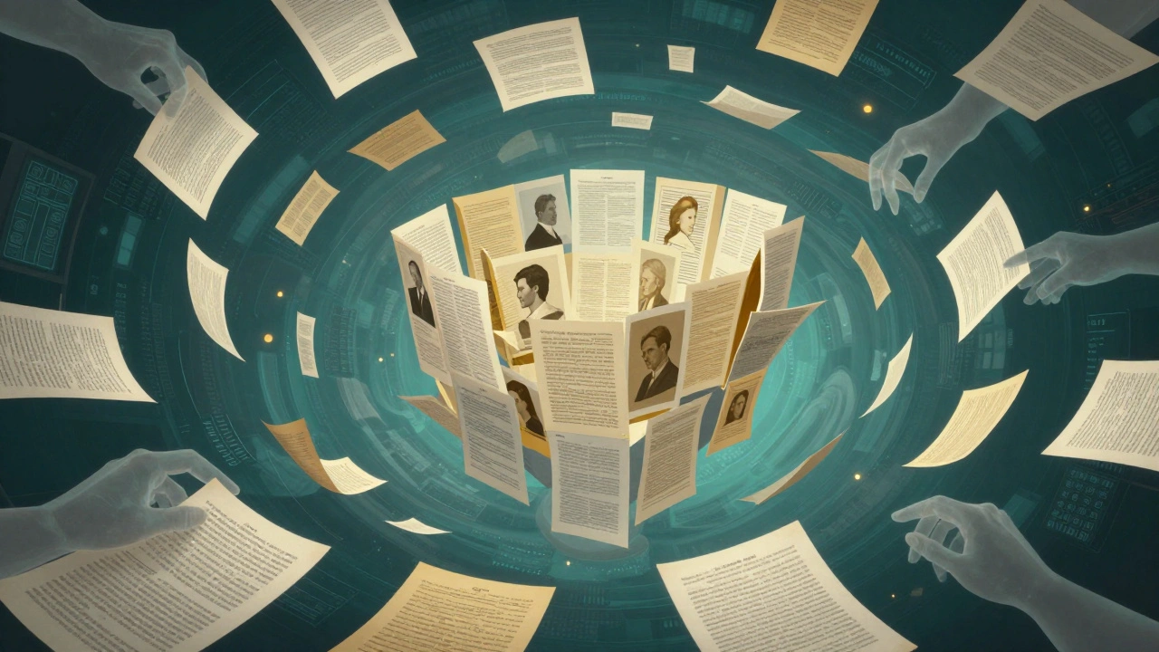 Surreal illustration of digital pages and hands showing a gender gap in biographies.