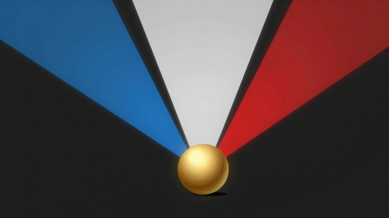 Three colored light beams converging to illuminate a central golden sphere.