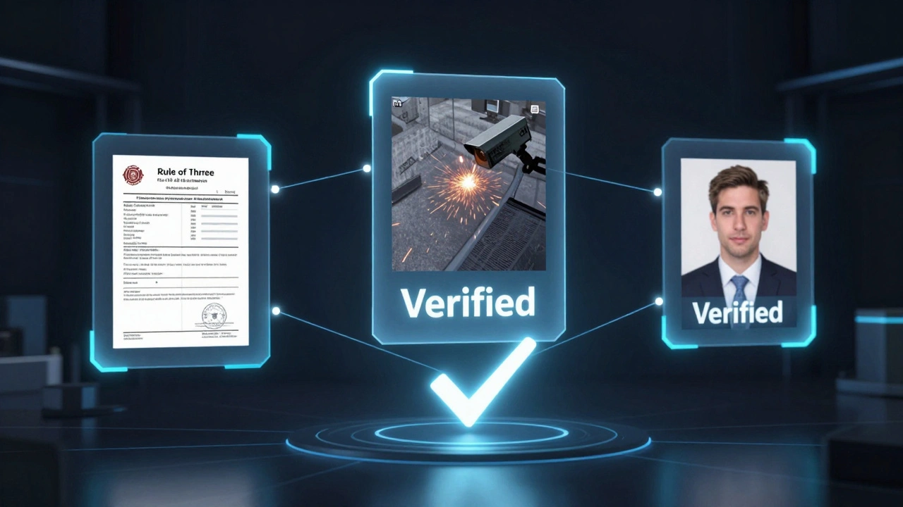 Three holographic screens showing different evidence sources converging into a verification checkmark.