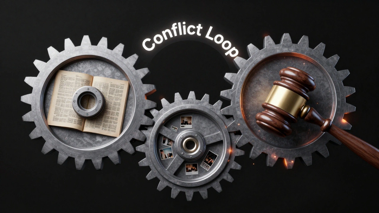 Three interlocking metallic gears grinding together in a triangle to represent a systemic conflict loop.