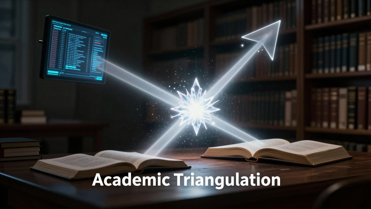 Three intersecting beams of light from different sources meeting at a single point of verification