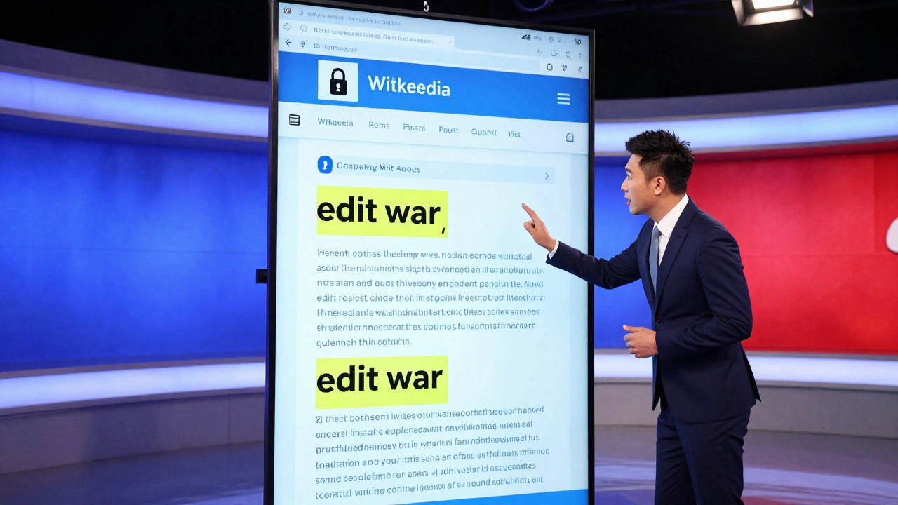 TV news anchor pointing to a large screen showing a locked Wikipedia page in a bright studio