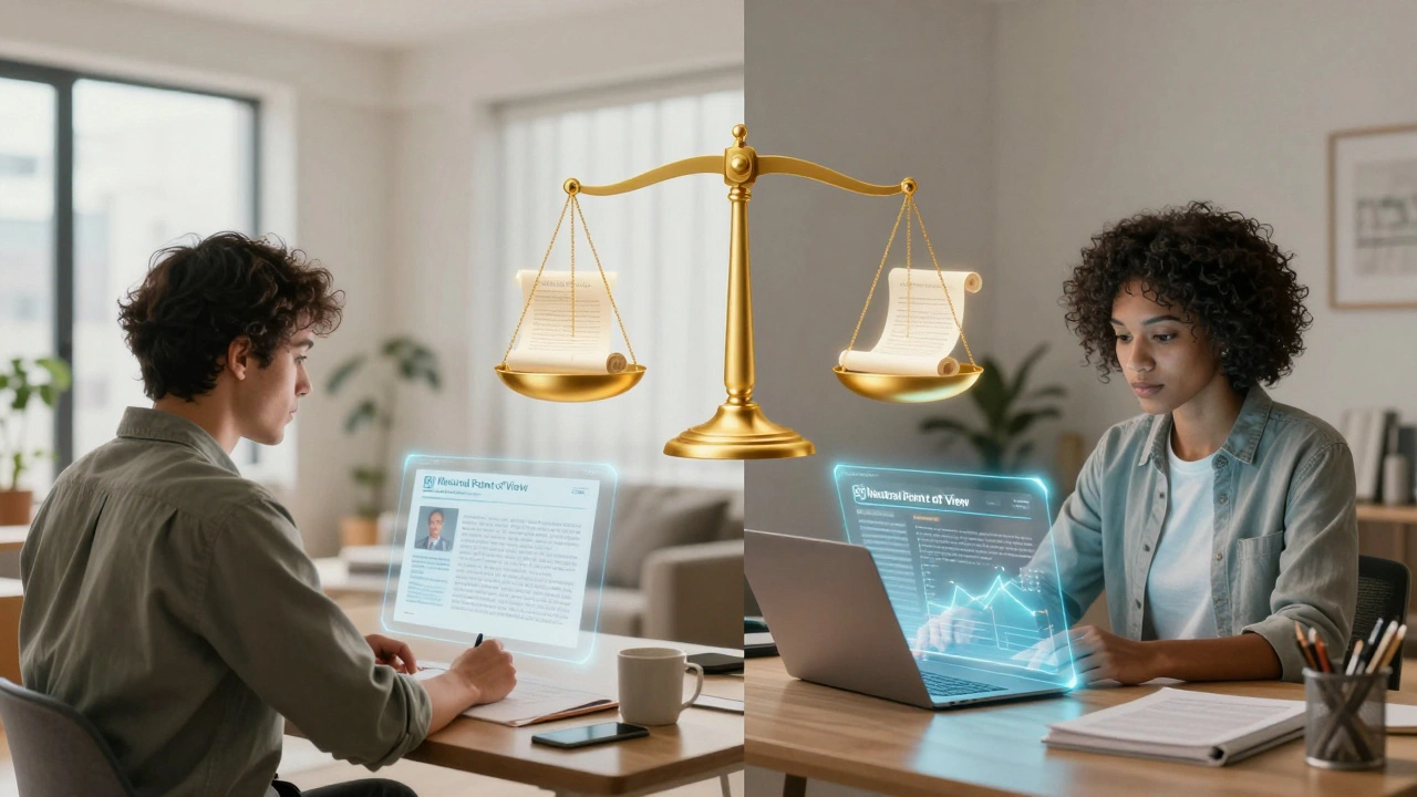 Two diverse editors collaborating globally with a balanced scale of neutrality.