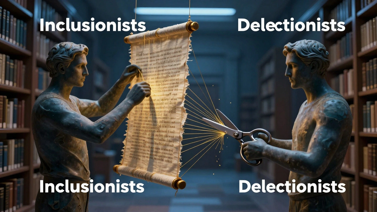 Two figures debating over a floating tapestry of information in a library