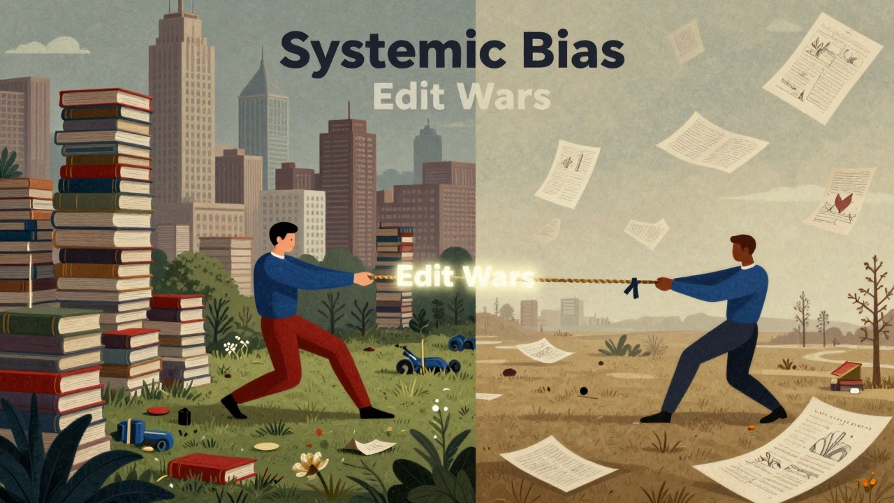 Two figures in a tug-of-war over a word, contrasting detailed and sparse knowledge maps.