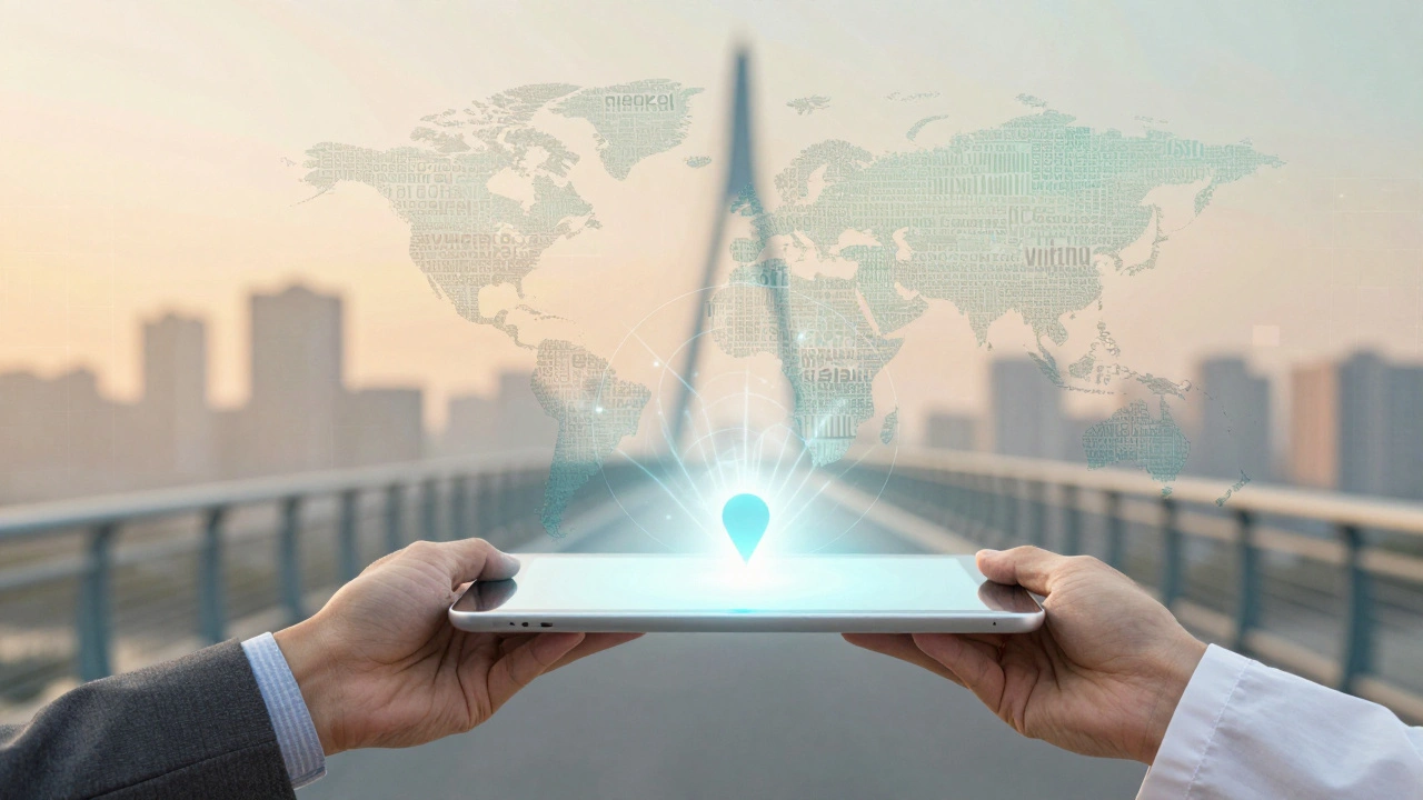 Two hands collaborating over a digital tablet that synchronizes data across multiple languages.