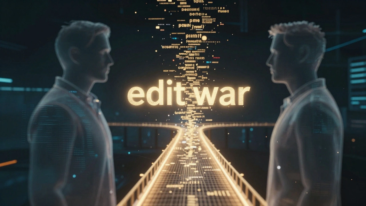 Two silhouettes resolving a conflict over digital text fragments on a bridge of light