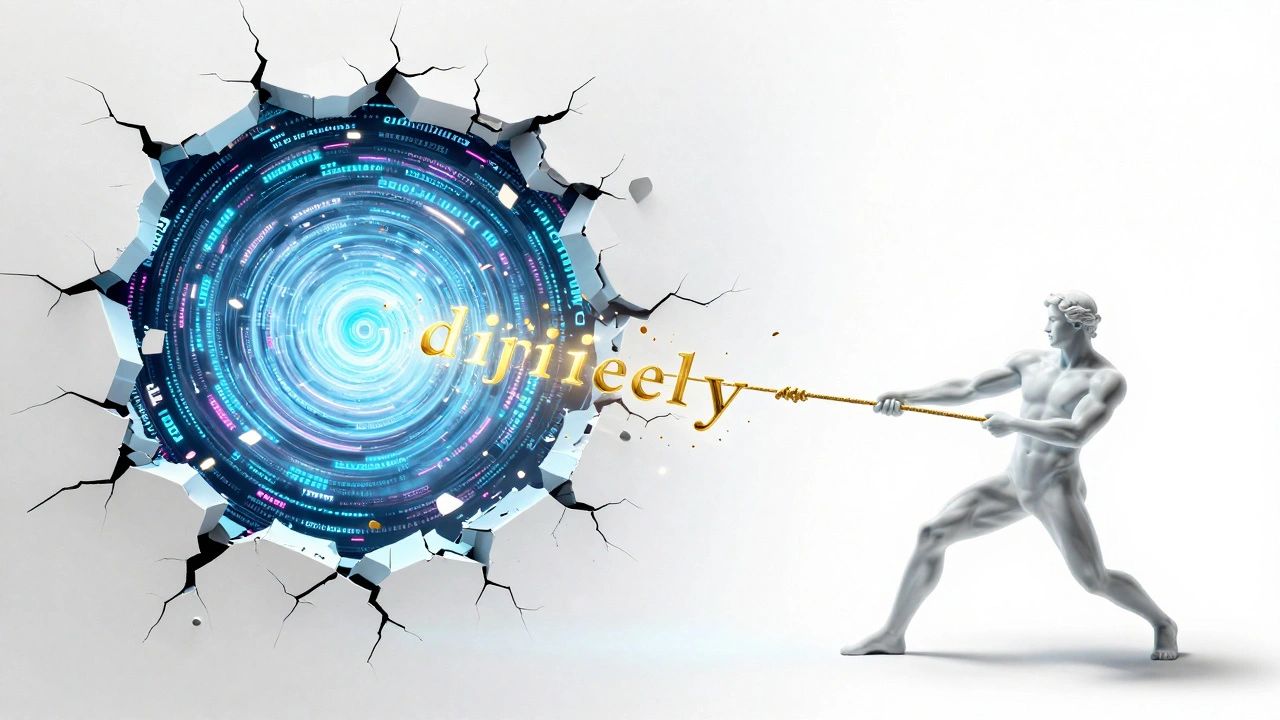 Two translucent figures fighting over a glowing sentence in a surreal white digital space.