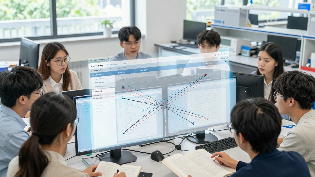 University students analyzing the edit history of a digital page to learn information literacy.
