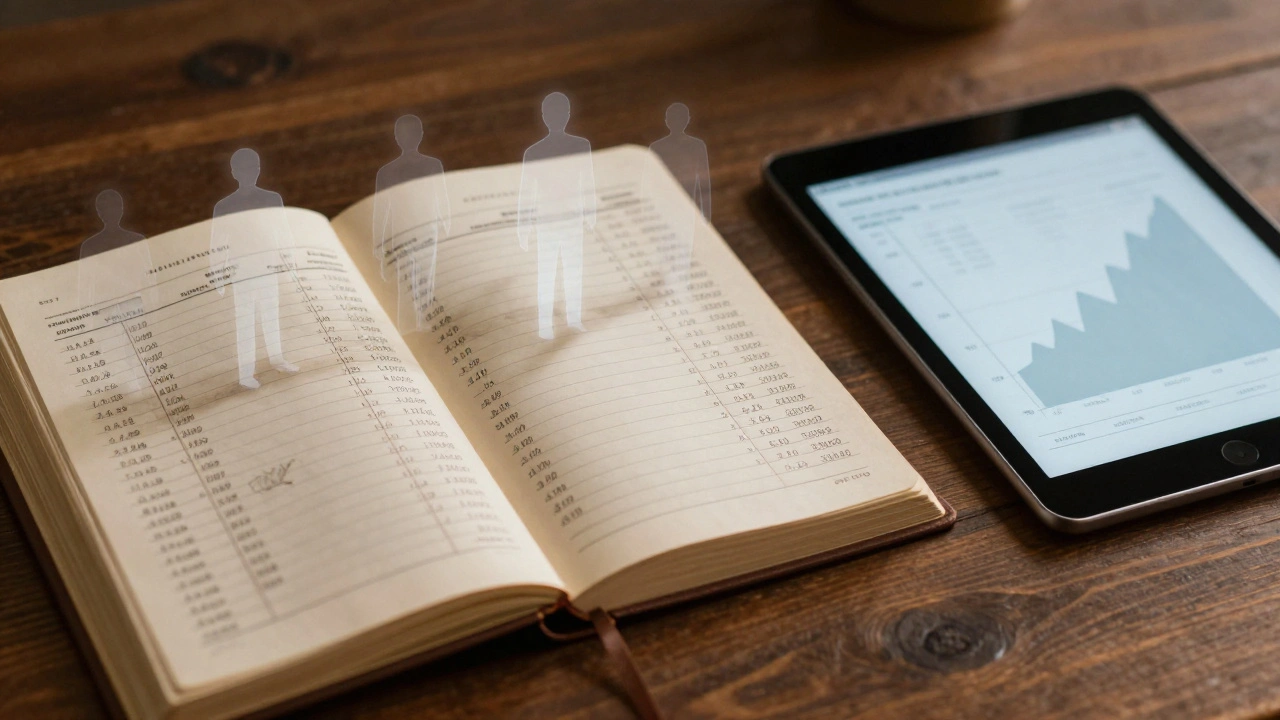 Vintage accounting ledger with human silhouettes as financial entries next to a modern tablet