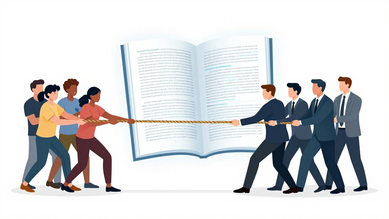 Volunteers and executives in a tug-of-war over a glowing digital page.