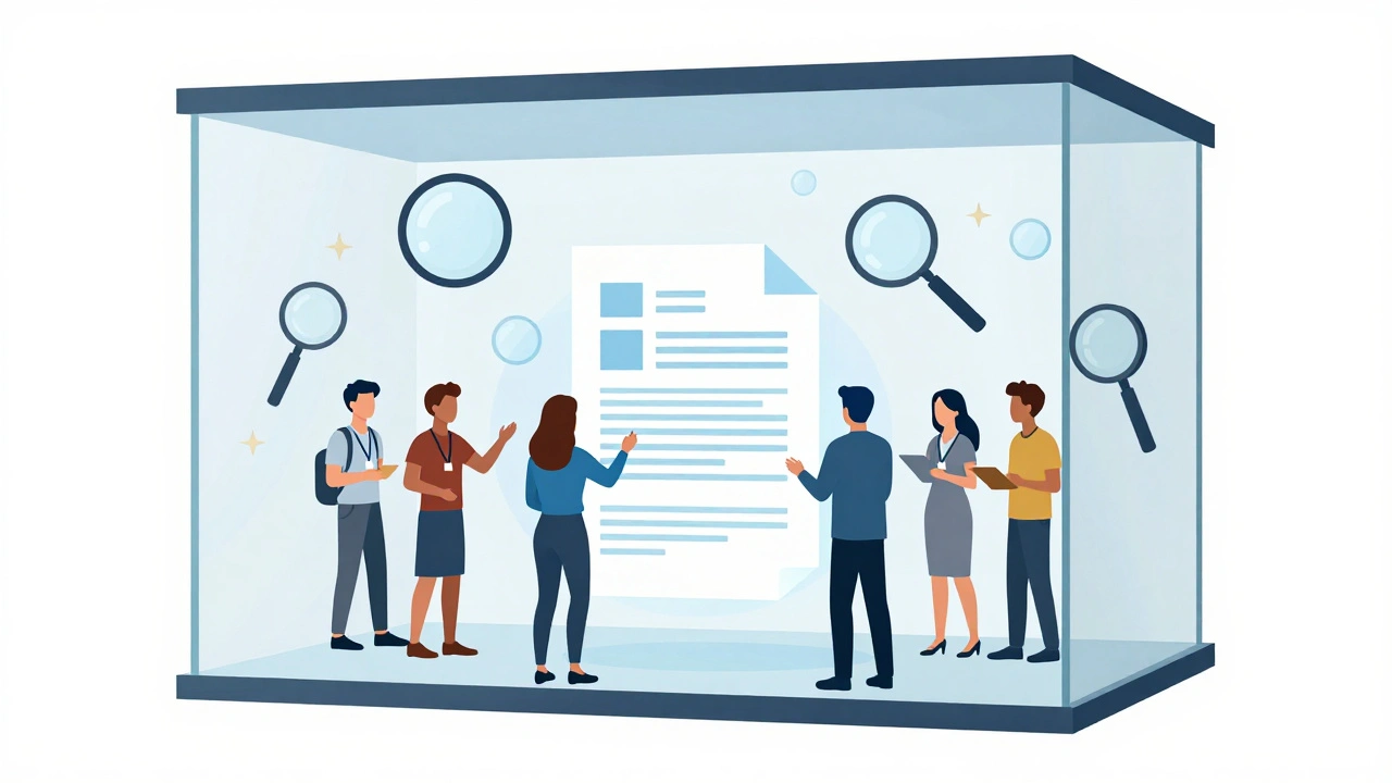 Volunteers editing a holographic document under the scrutiny of floating magnifying glasses.