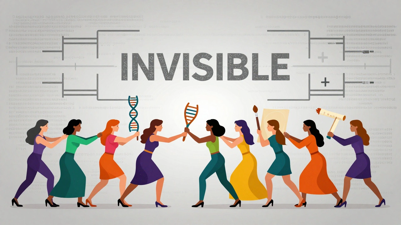 Women attempting to break through a wall of digital code to add knowledge to an encyclopedia.