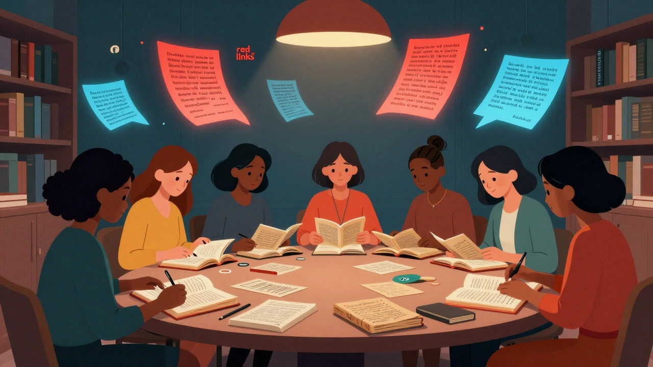 Women collaborating at a table to edit missing biographies for an encyclopedia.