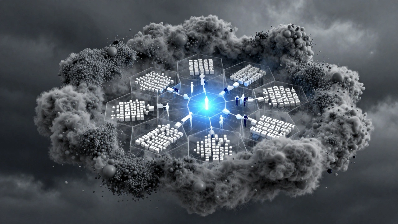 3D conceptual art of a structured grid organizing chaotic data particles during a crisis.