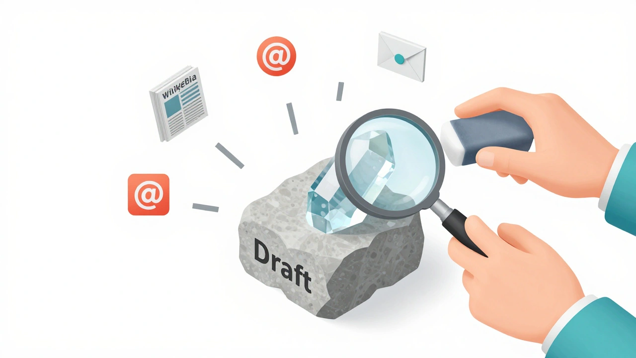 3D graphic of refining a draft by removing bias and adding facts