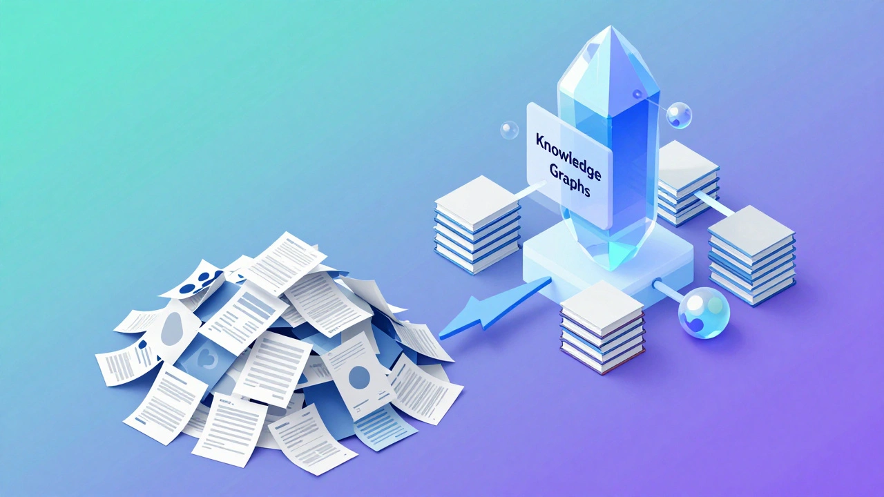 3D render of chaotic papers transforming into an organized knowledge graph structure