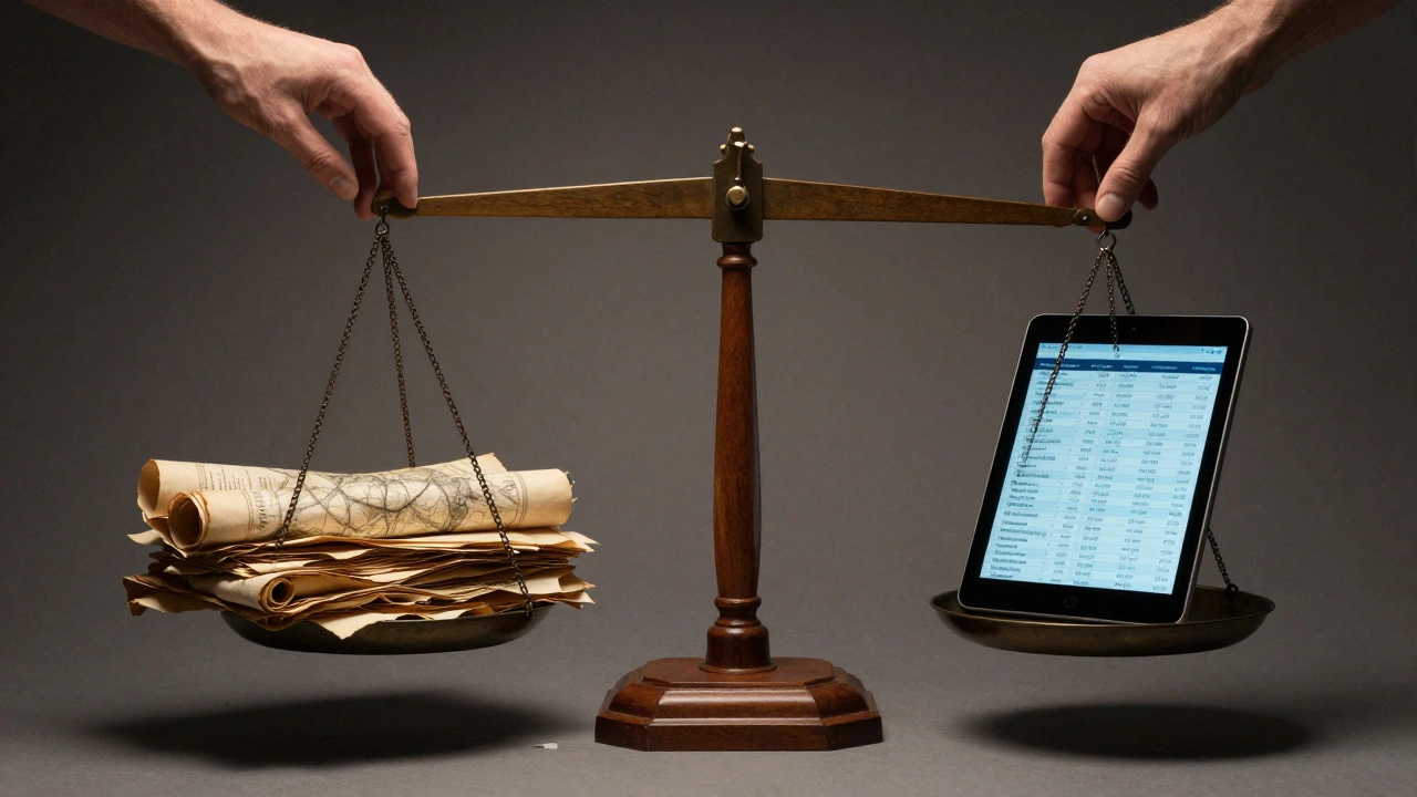 A balanced scale holding historical documents and modern data, symbolizing neutrality